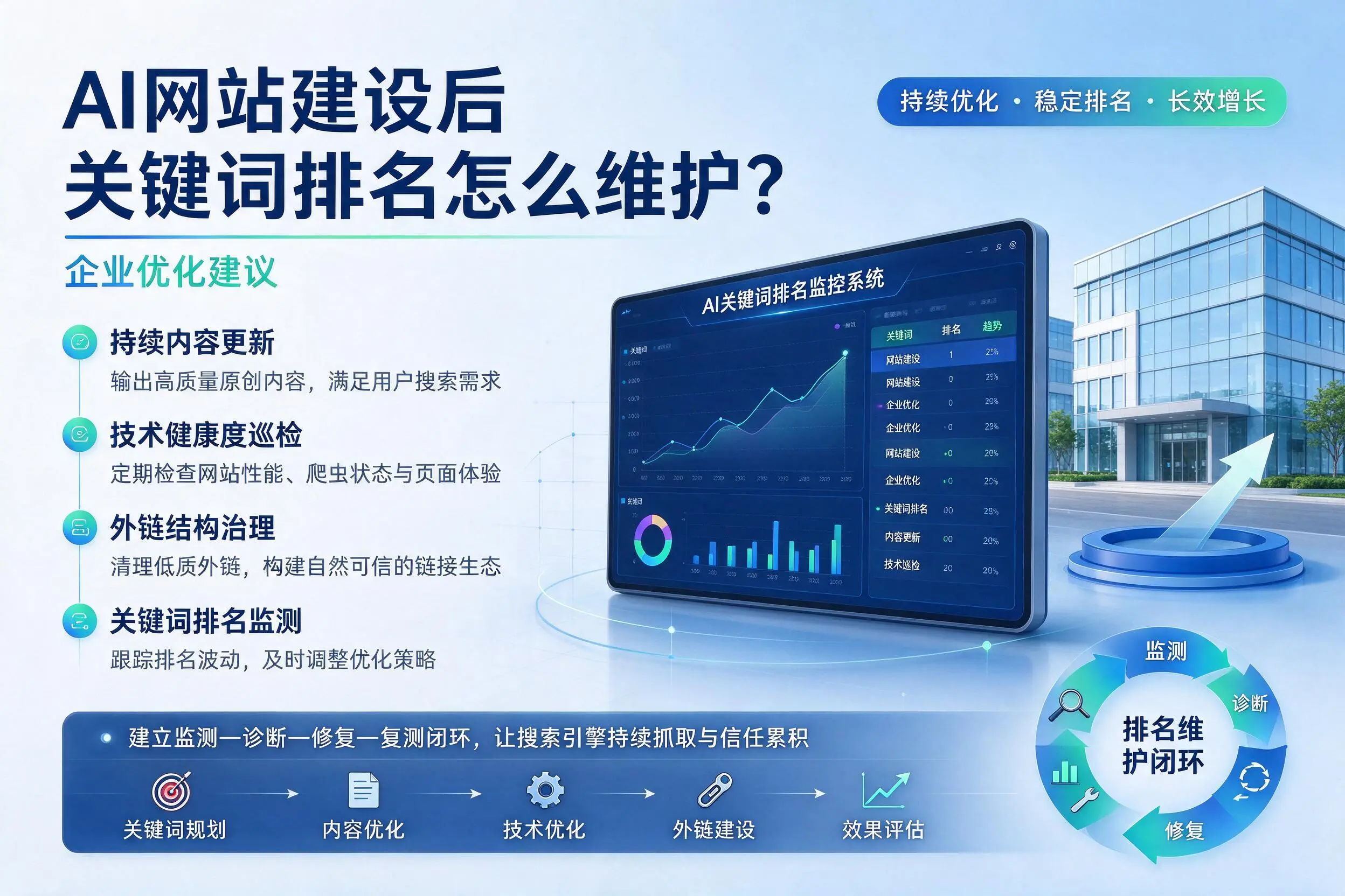 AI网站建设后关键词排名怎么维护?镇江企业优化建议