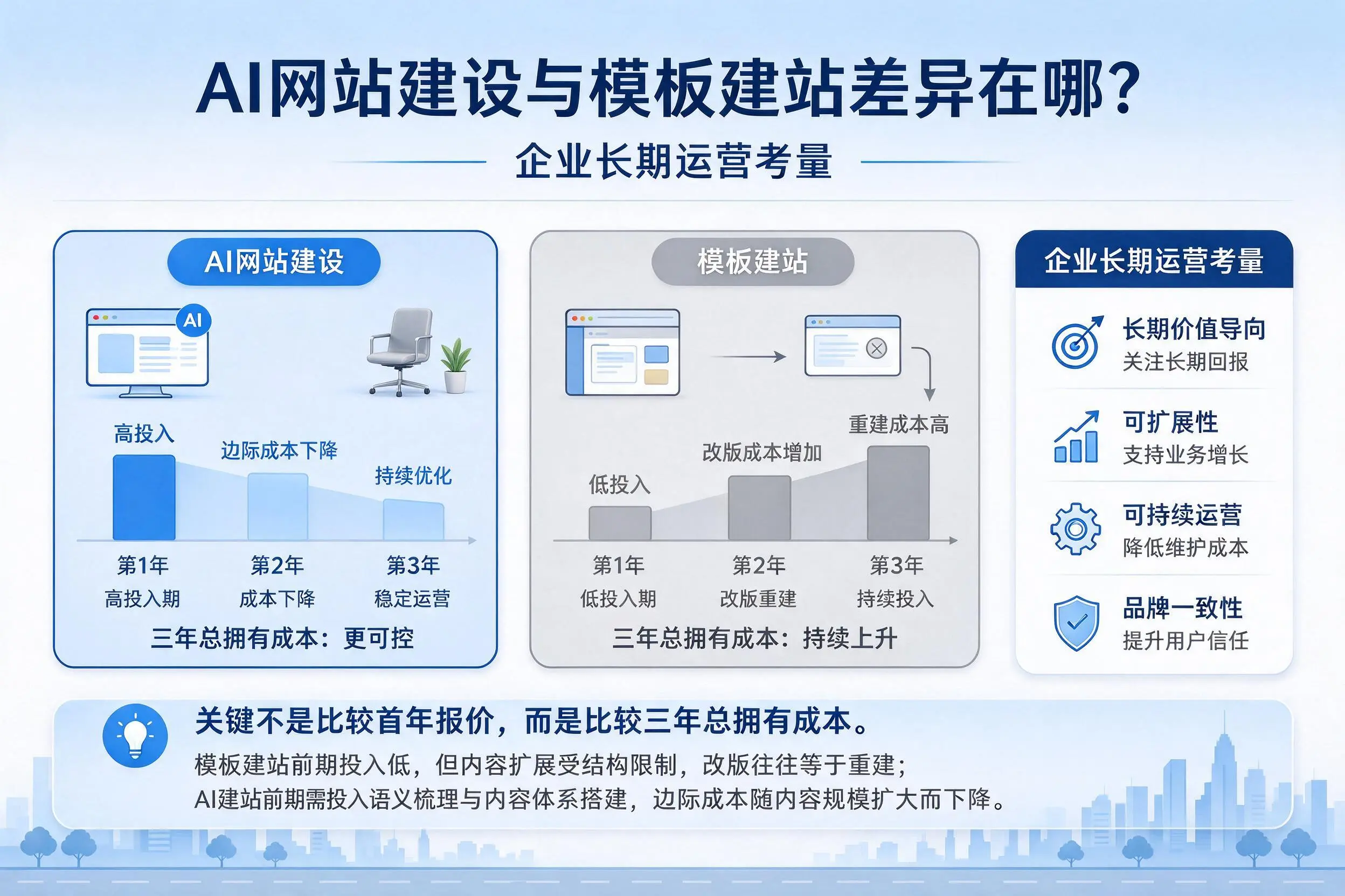 AI网站建设与模板建站差异在哪？镇江企业长期运营考量