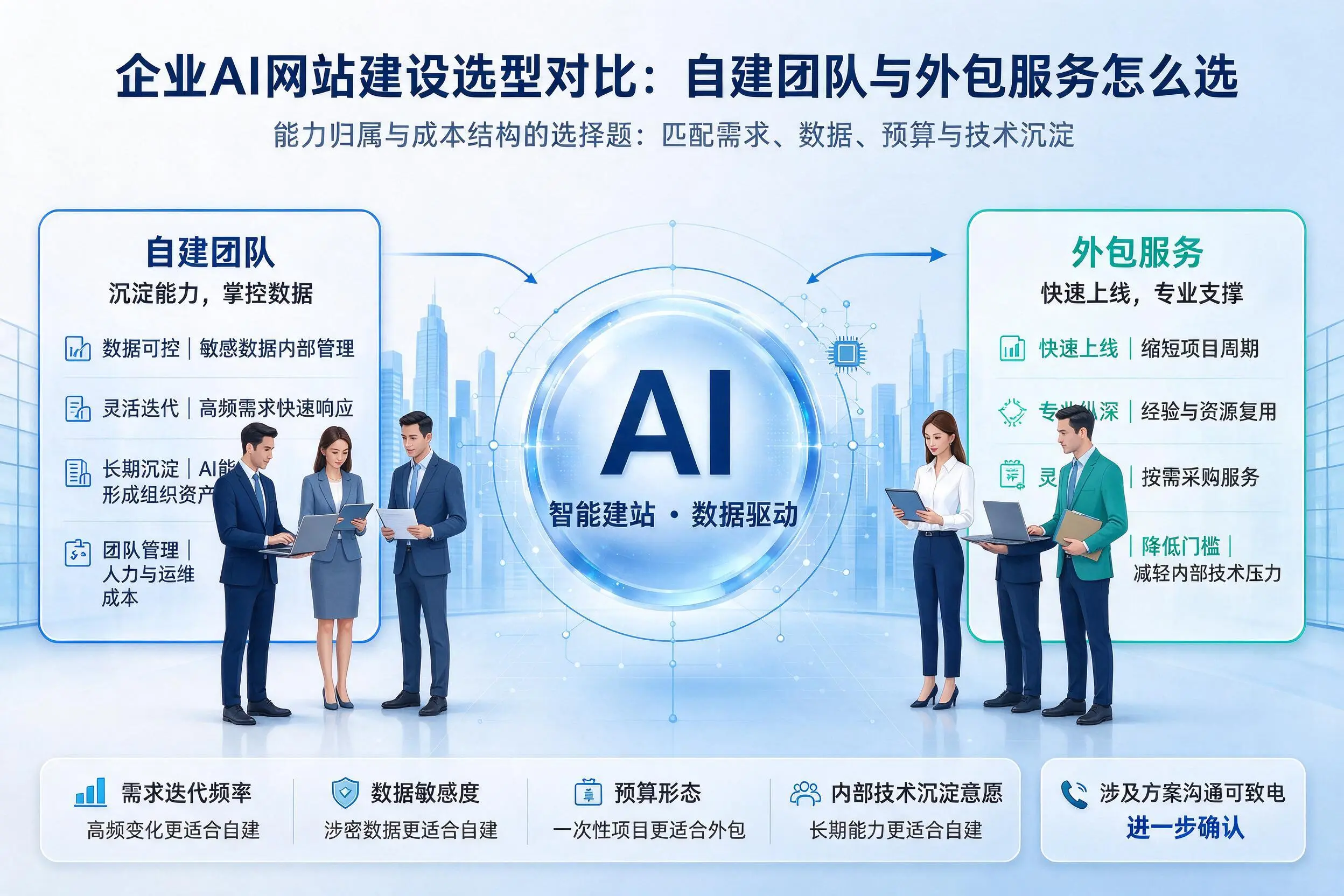 镇江企业AI网站建设选型对比:自建团队与外包服务怎么选